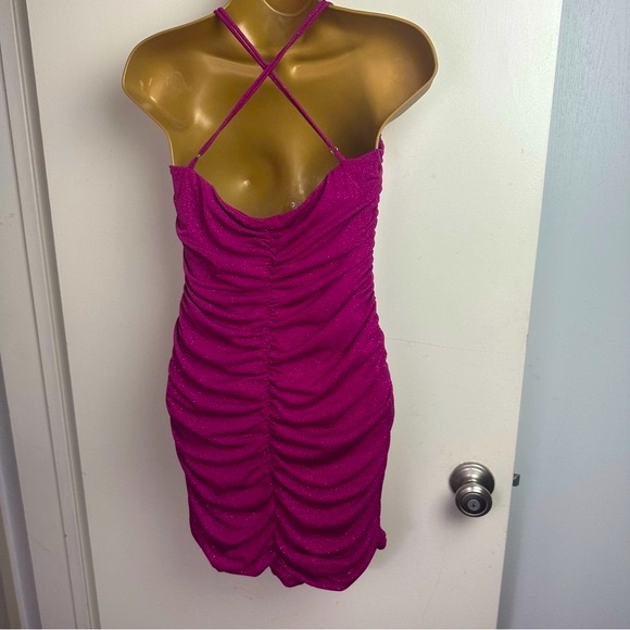 Lucy In The Sky Mauve Glitter Ruched Spaghetti Strap Body-con Mini Dress Size M - Picture 8 of 16